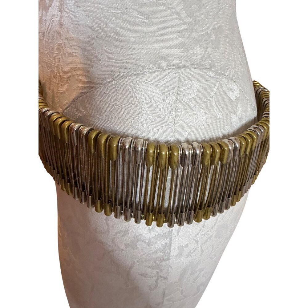 Vintage Unisex Metal Safety Pin Statement Belt Brass Silver 34 inches Punk Rare - Picture 9 of 16